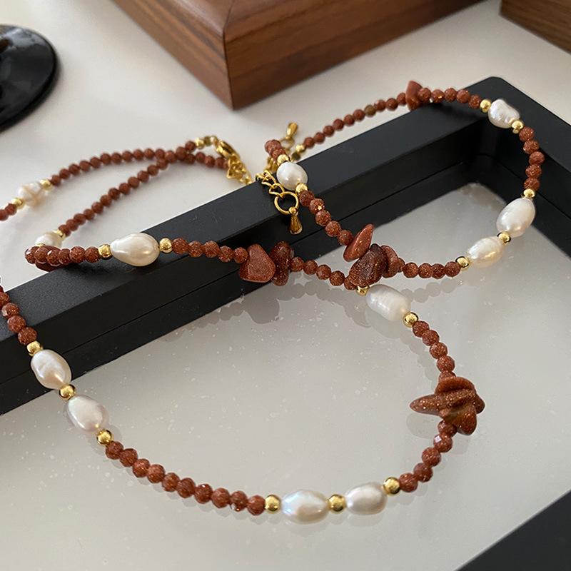 Ethnic Style Freshwater Pearl Necklace with Gold Sandstone Beads - High-End Sweater Chain Jewelry