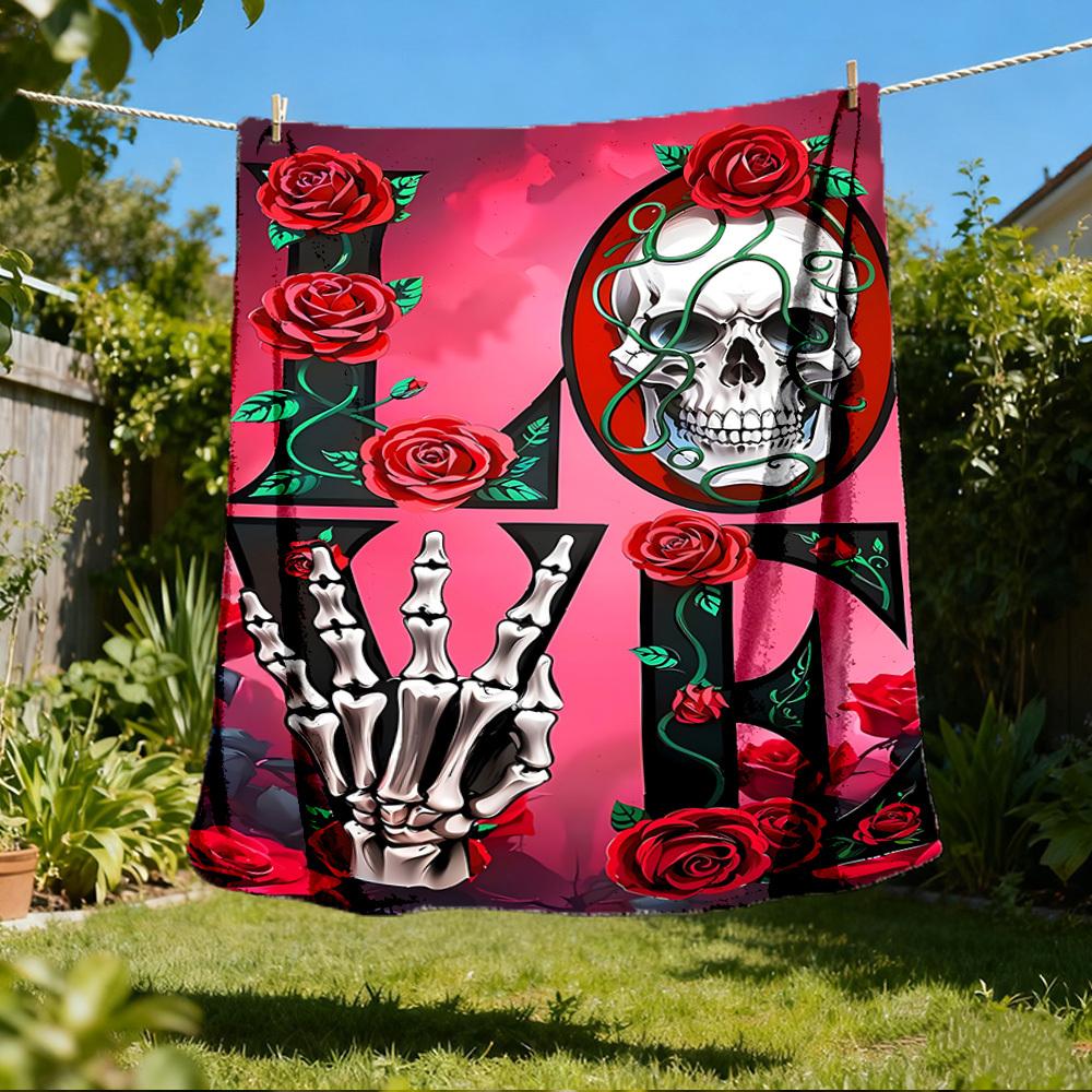 1pc Skull Roses Love Outdoor Blanket - Lightweight Flannel Throw For Travel, Camping, Gifts For Family Or Friends Yy251114268