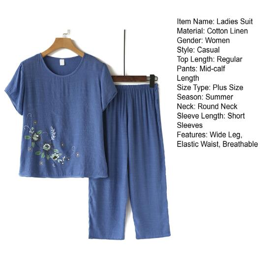 2Pcs/Set Middle-aged Mother Casual Top Cropped Pants Set Print Flower Print O-neck Short Sleeve Pleated Elastic Waist Wide Leg Daily Outfit