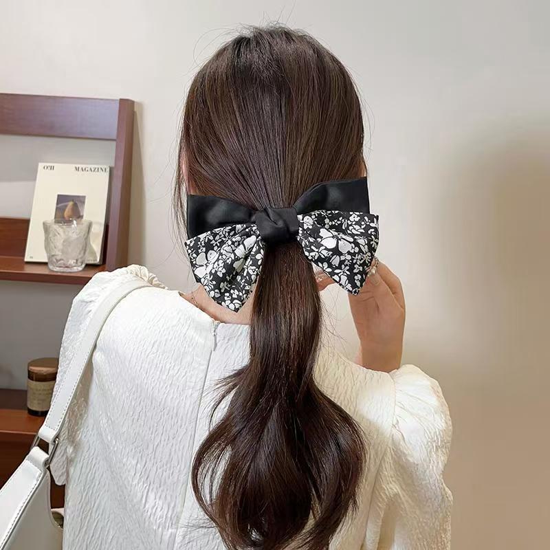 Simple Black and White Floral Headwear Bow  Low Ponytail Hair Accessory  Ribbon  Large Intestine Hair Band