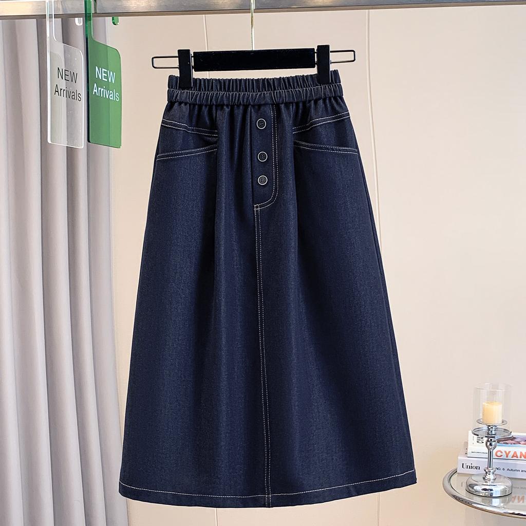 DIMANAF 2026 Summer Plus Size Women Skirts Elastic Waist Oversize Casual Lady Long Skirts Denim Cotton Solid Blue