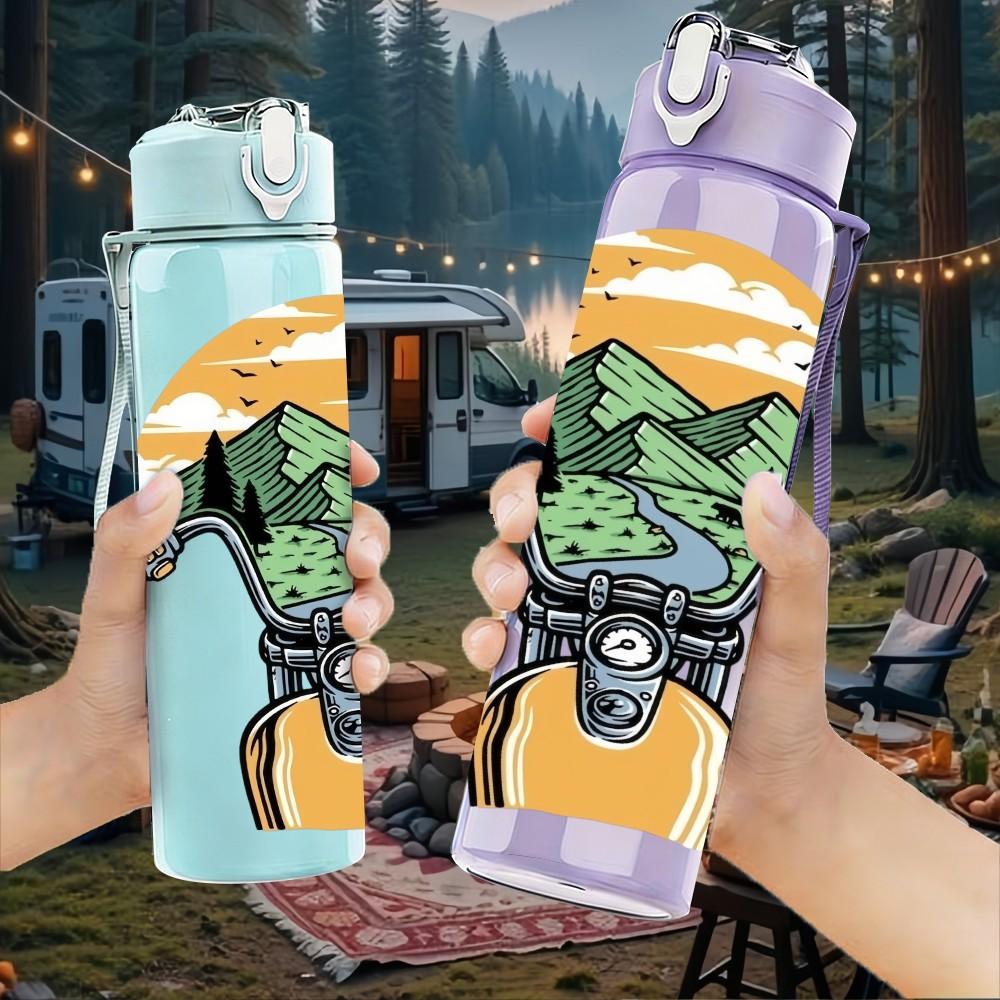 1PC Mountain Biker Rider Retro Character Print 750ml Color Plastic Sports Water Bottle Leakproof Flip Straw Lid Suitable for Sports Office Home Use