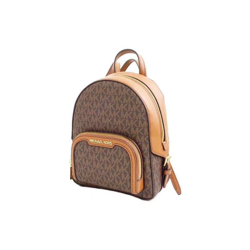 Michael Kors Jaycee Gold Letter Logo All-over Printing Leather School Bag Backpack Backpack Small Size Women's Brown