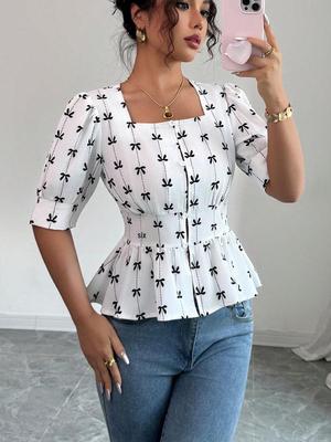 Sommer Europäischer & Amerikanischer Stil Quadratischer Ausschnitt Peplum Strickjacke Hemd - Damen Kurzarm