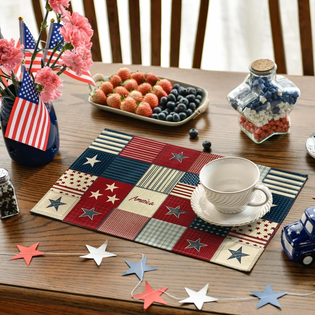 Stars American Flag 4th of July Placemats Set of 4, 12x18 Inch Memorial Day Patriotic Table Mats for Party Kitchen Dining Decoration