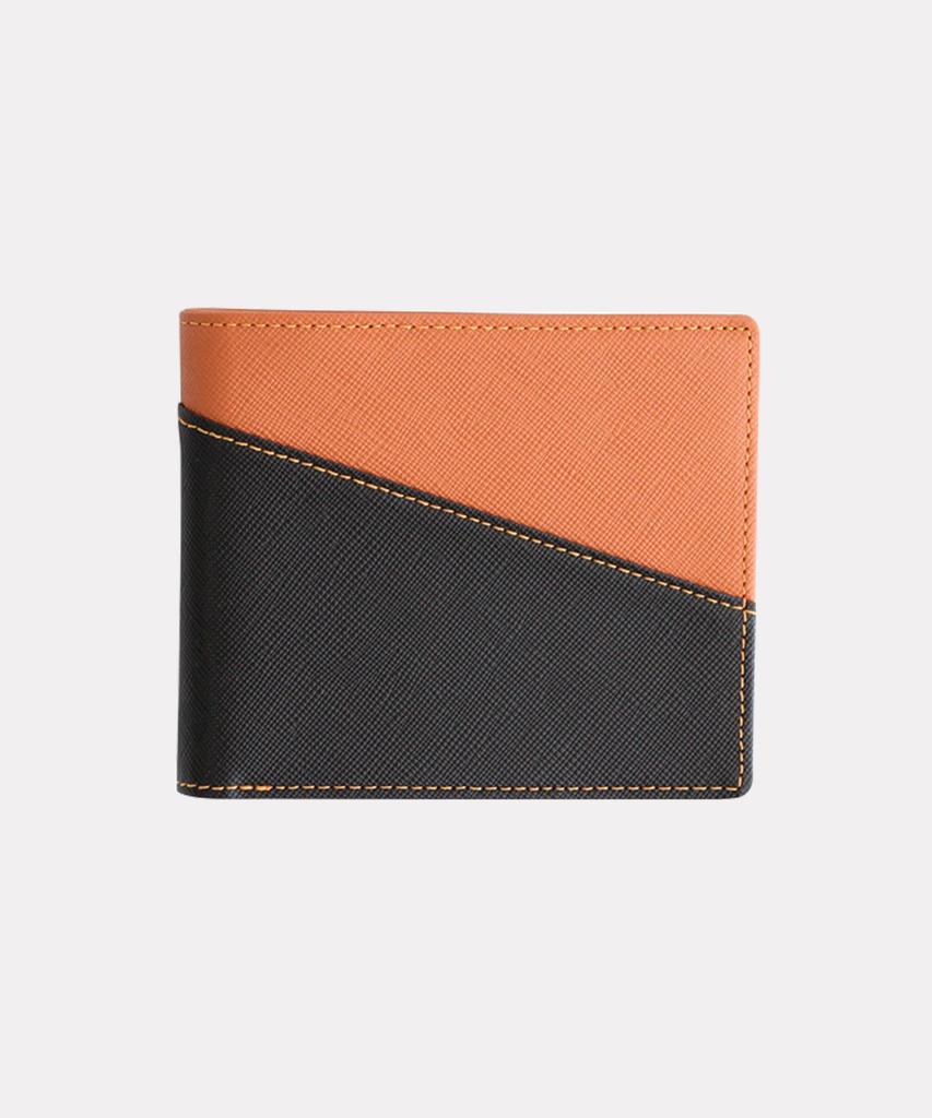Matt [Diagonal] Saffiano Leather Men'S Bifold Wallet Dark Brown + Orange