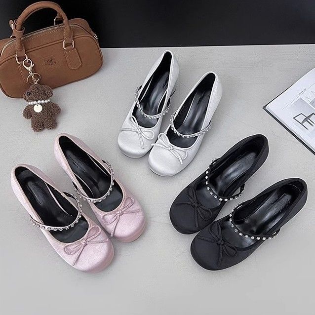 Retro style bow rhinestone single shoes spring and autumn new daily design sense versatile word belt Mary Jane shoes