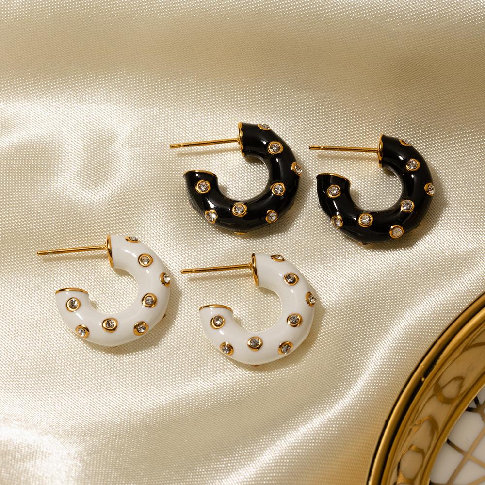 INS Internet Celebrity Titanium Steel Earrings 18k Stainless Steel Black Oil Drop Diamond C Earrings