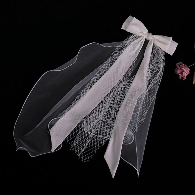 Ribbon Bowknot Long Tulle Marriage Bridal Veil with Fix Hair Clip for Marriage Wedding Celebration Party Accessories
