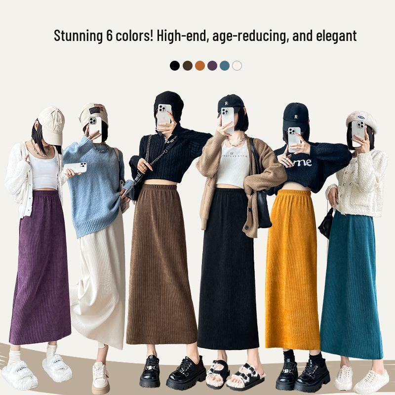 Kaffee-Cordripp-Midi-Rock mit Schlitz - High-Waist Schlankmacher (Koreanischer Stil, Herbst/Winter)