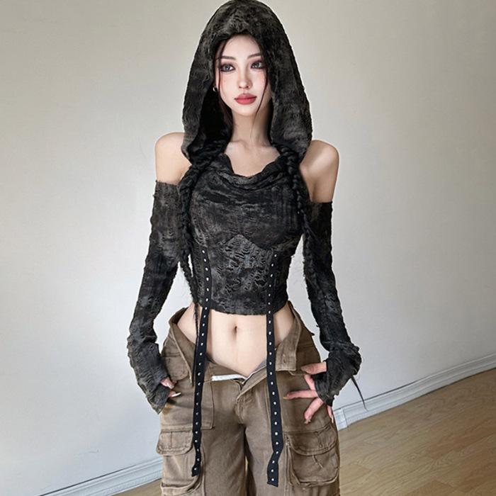 Wasteland-Inspired Off-Shoulder Hooded Long-Sleeve Crop Top for Women