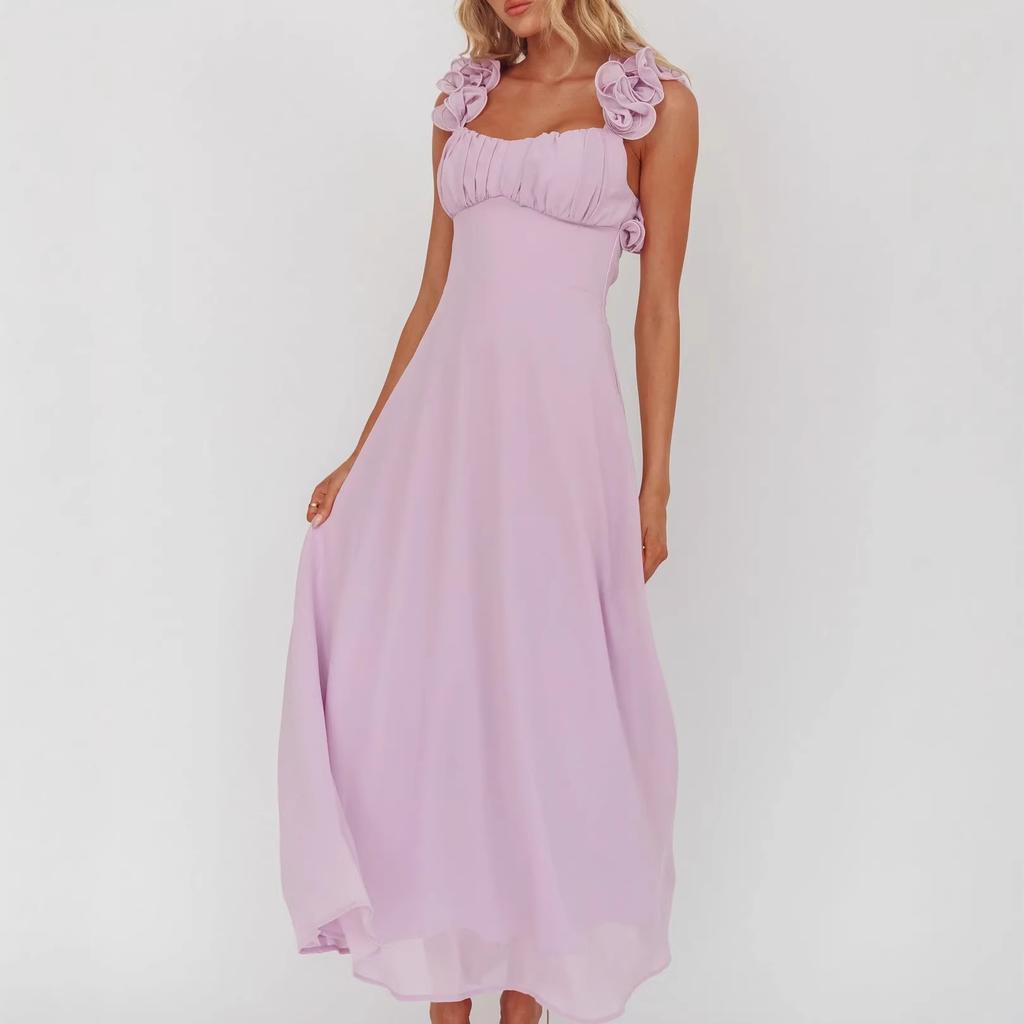 European and American Cross-border New Purple Backless Ruffled Spaghetti Strap Dress for Women, Summer Elegant A-line Long Skirt