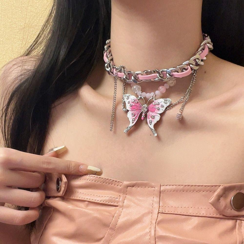 

Sweet Cool Butterfly Leather Chain Dopamine Pink Clavicle Chain New Necklace