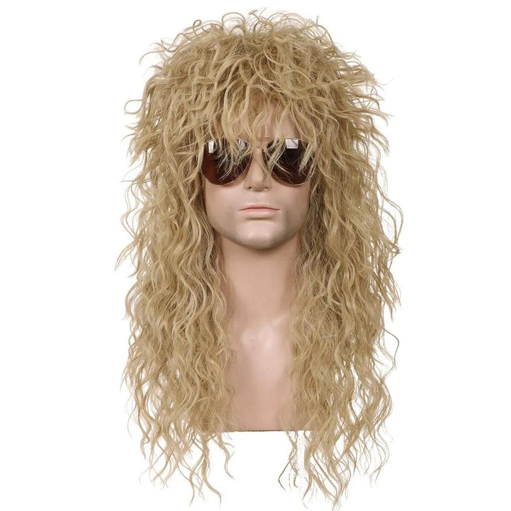 80s Rocker Synthetic Wigs for Men Mullet Wig Long Curly Hair Wig Kiss Wig Perfect for Halloween Cosplay DIY Themed Costume Party