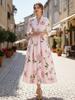 Artistic Retro V-Neck Waist-Cinching Long-Sleeve A-Line Women's Dress