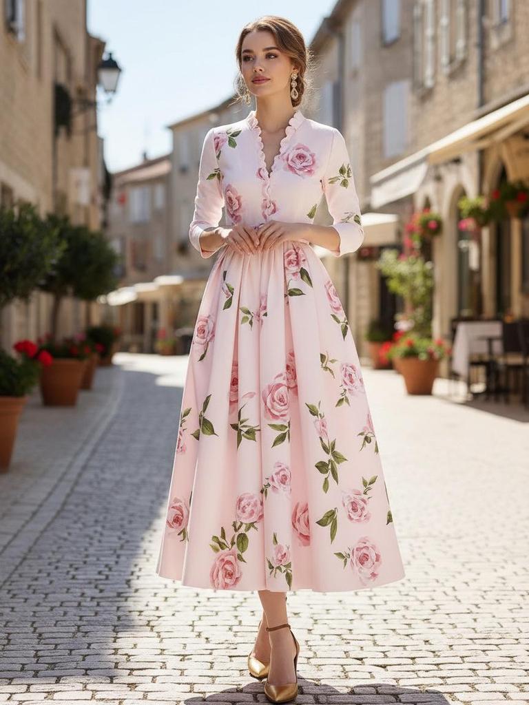 Artistic Retro V-Neck Waist-Cinching Long-Sleeve A-Line Women's Dress