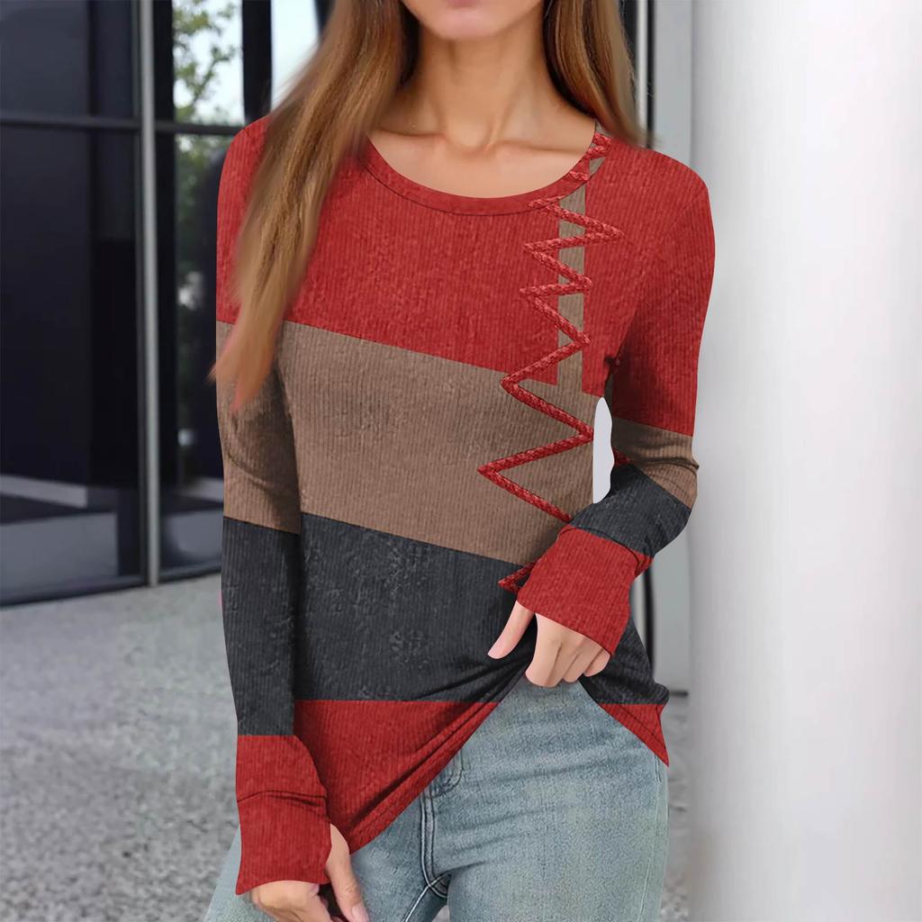 Women's  And Winter Slim Bottom T-shirt Fashion Casual Gradient Printing Round Neck Pullover Long Sleeve Top