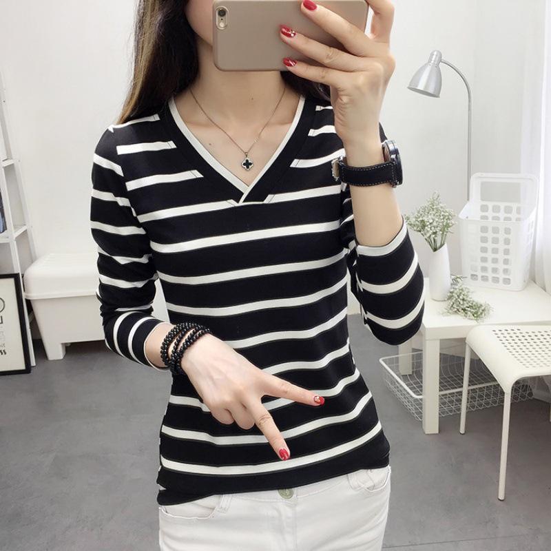 2025 Korean V-Neck Striped Slimming Long Sleeve Women's T-Shirt - Spring/Autumn