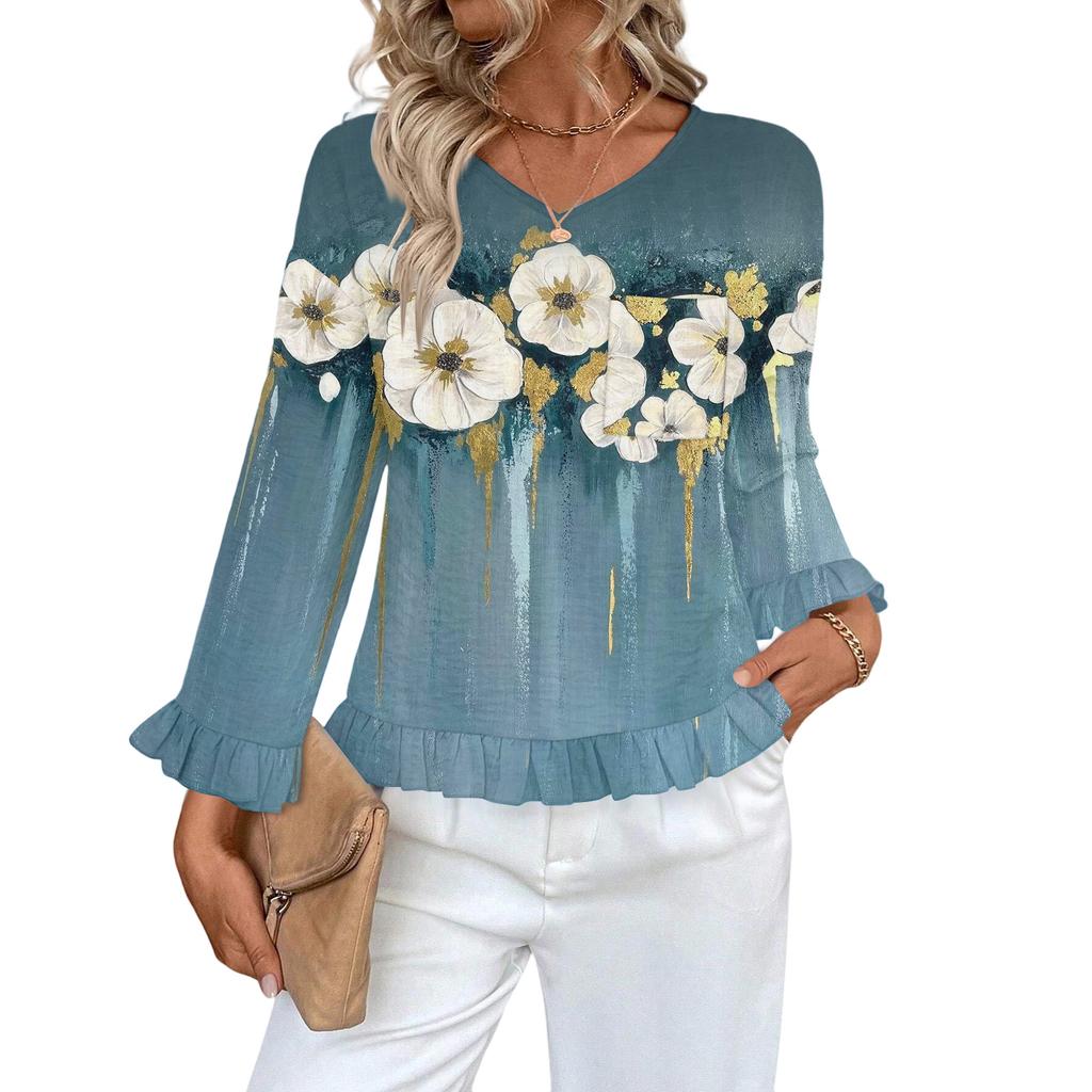 Dámský ležérní módní top s volánky, výstřihem do V, potiskem a dlouhým rukávem