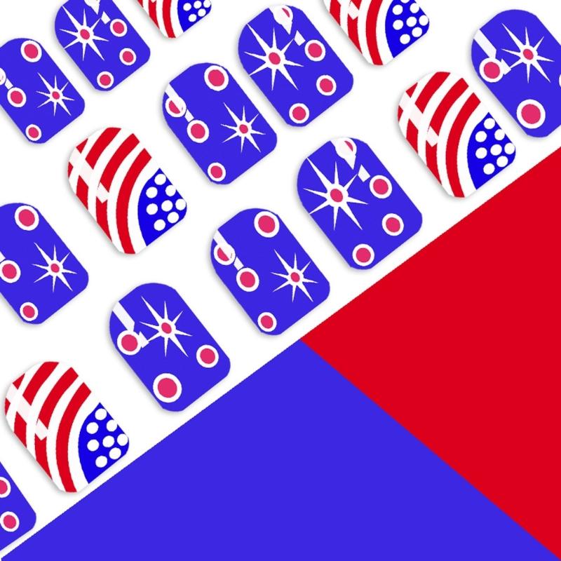 24 Pcs 4th Of July Patriotic Press On Nail Short Square False Nail Stripe Acrylic Nail Independence Day Stick on Nail