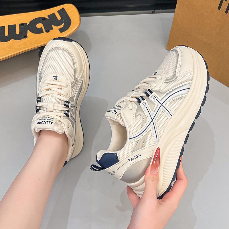 Spring thin round head lace-up breathable mesh sneakers ins trendy thick-soled casual running shoes
