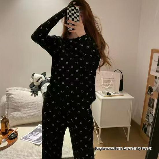 Women's Smile Face Cartoon Pajama Set - Long Sleeve Spring/Autumn Sleepwear