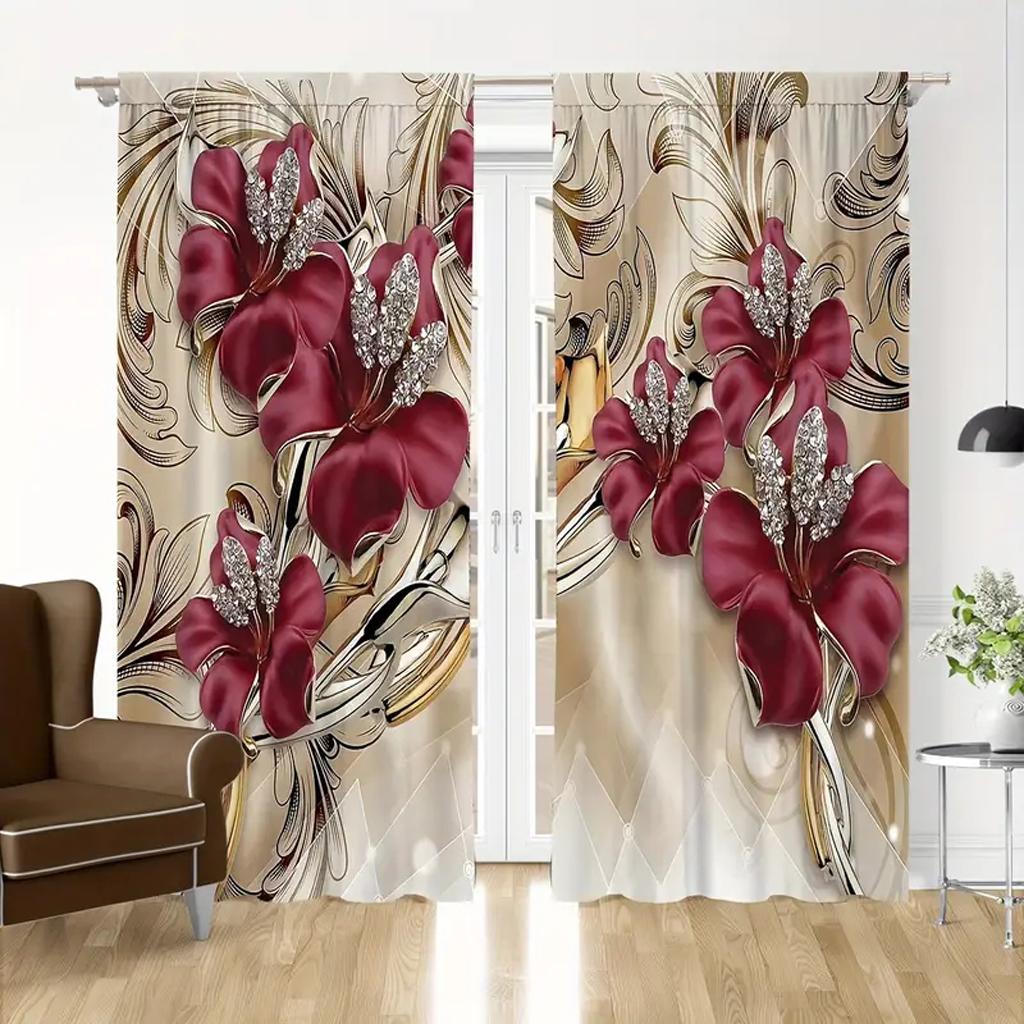 2 Stück Europäischer Stil Fenstergardinen 3D Digitaldruck Stangentasche Vorhang Für Wohnzimmer Und Schlafzimmer Heimdekor