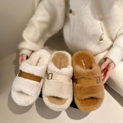 2025 New Thick-soled Fluffy Slippers Women's Autumn and Winter Wear Comfortable Slippers High-grade Belt Buckle Thick-soled Cotton Slippers