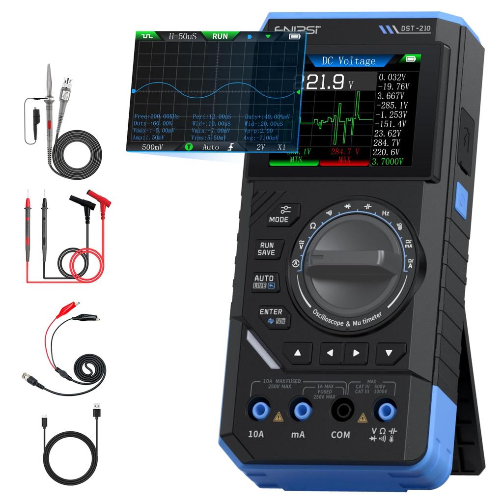 FNIRSI 10MHz Sample 19999 Digital Oscilloscope Multimeter Signal Rechargeable DST-210 3-in-1 Oscilloscope, Bandwidth, 48MS/s Rate, Handheld, Counts,