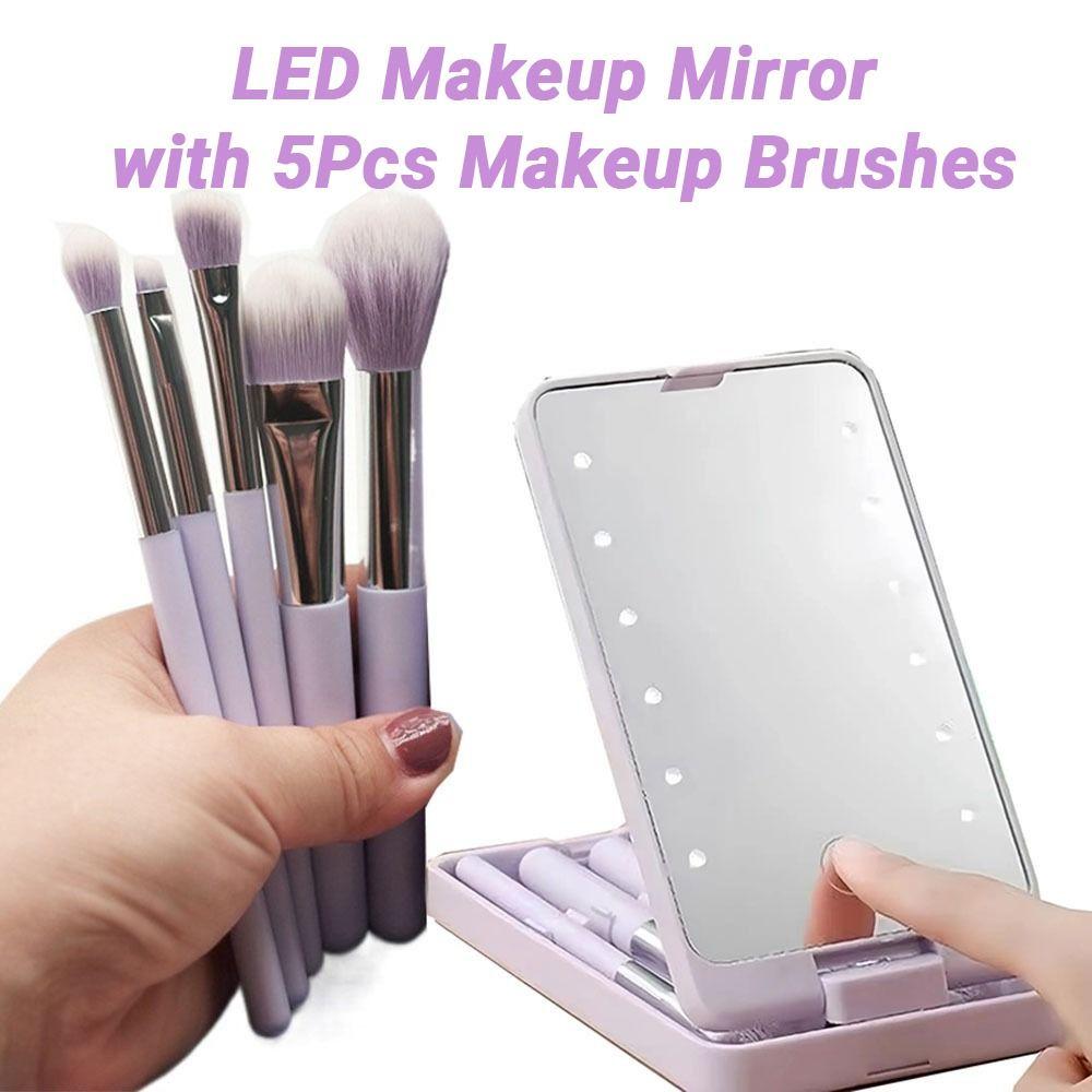 Rotatable Mirror LED Makeup Mirror Brush Set Mini Cosmetic Brushes Pocket Mirror  Dormitory