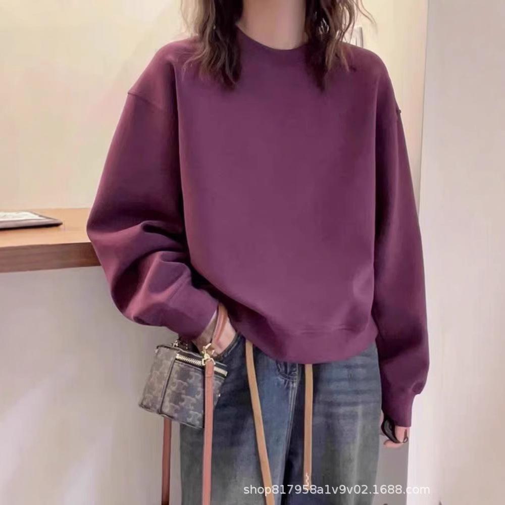 Bluză de molton galben ghimbir cu gât rotund pentru femei: La modă, Casual, Croială lejeră pentru primăvară și toamnă