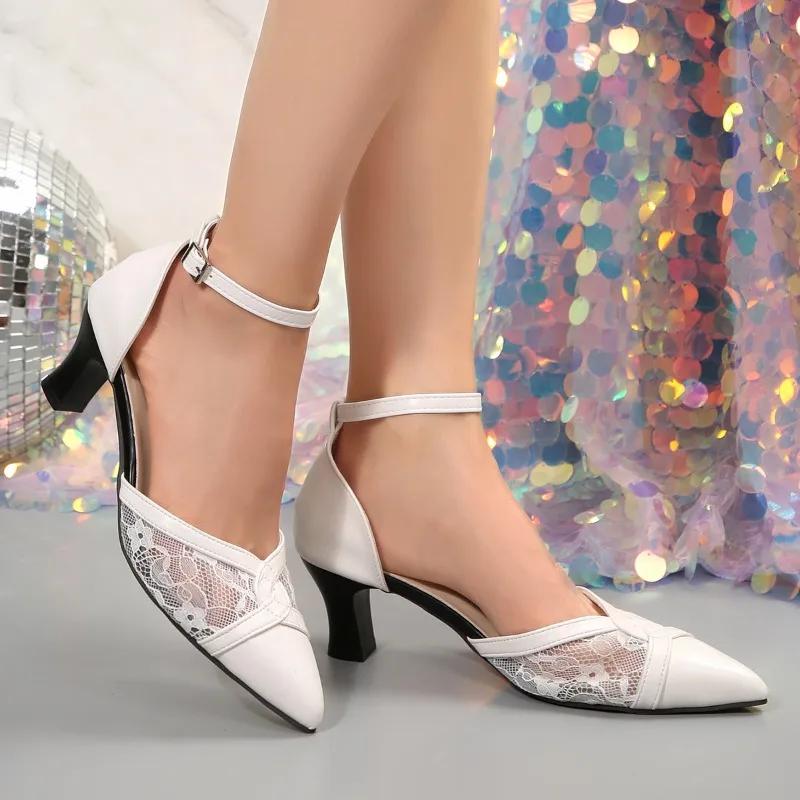 Fashion New High Heels Women Sandals 2025 Summer Mesh Embroider Elegant Pointed Ladies Slingback Party Wedding Bridal Dress Shoes Woman