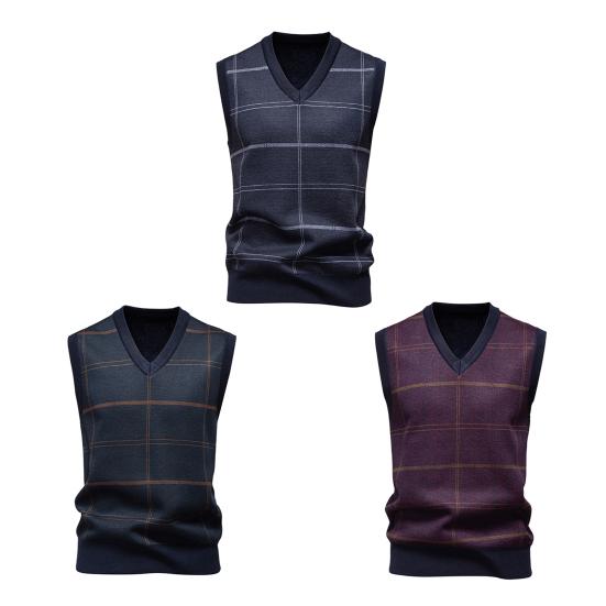 Men Knitting Vest V-Neck Sleeveless Plaid Print Sweater Vest Autumn Winter