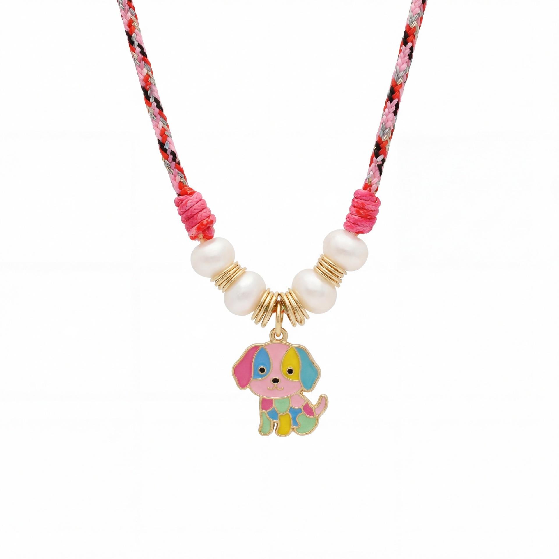 Children S Fun Color Matching Animal Pendant Necklace Cat Puppy Drop Glaze Pearl Woven Rope Necklace Children S Unique Wear