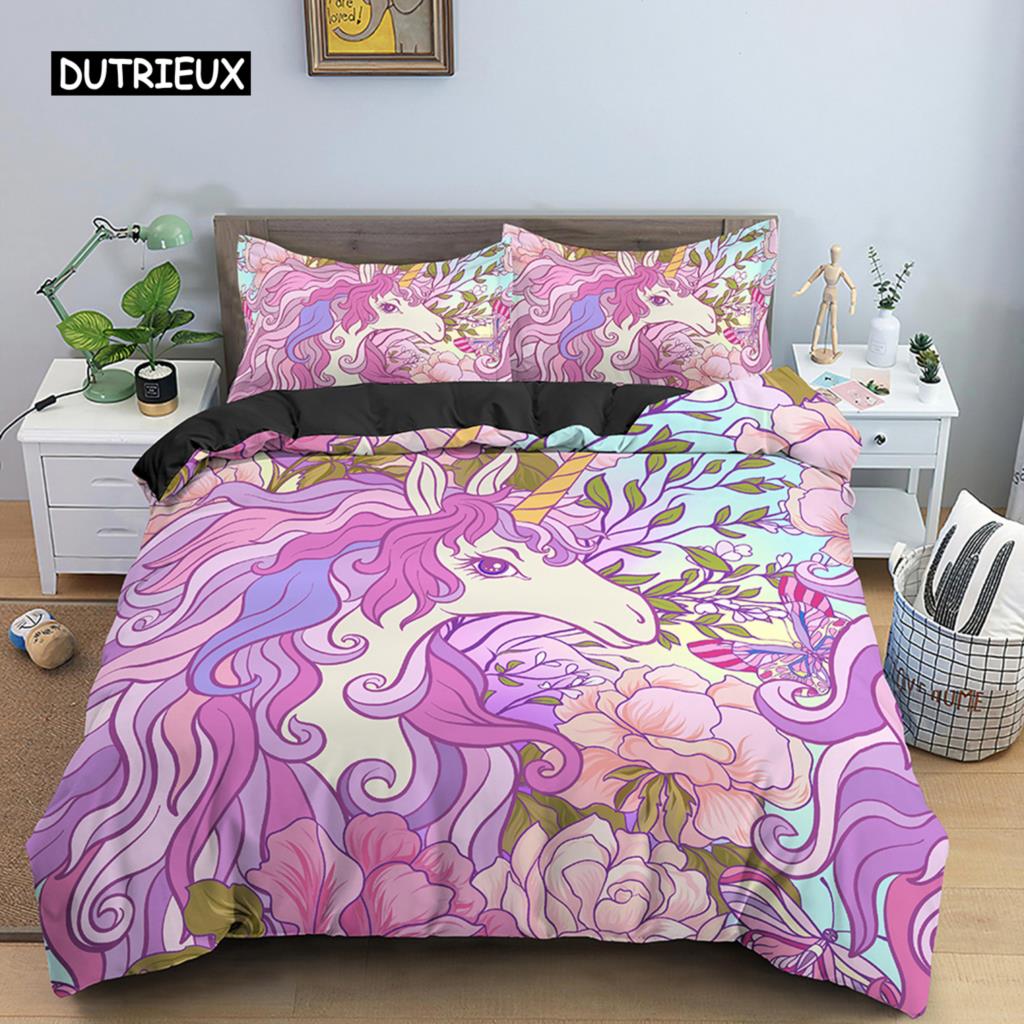 Unicorn Duvet Cover Set Cartoon Animal Bedding Set Single Twin King For Kids Girls Polyester Romantic Theme Star Comforter Cover