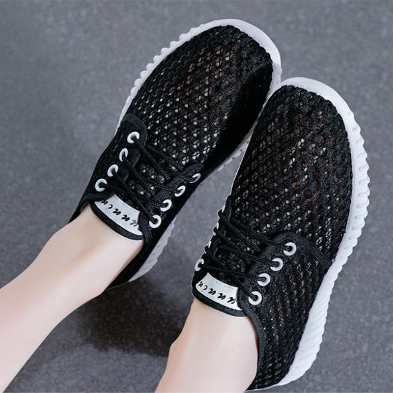 Womens Shoes Hollow Out Breathable Lace Up Flats Breathable Mesh Lightweight Shoes Casual All-match Sneakers Zapatos De Mujer