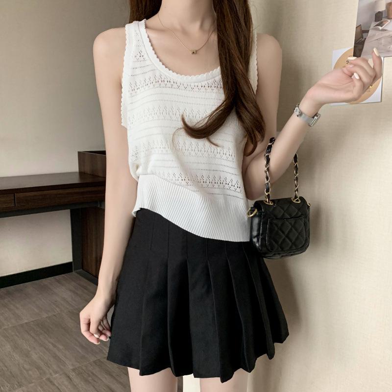 

Summer Plus Size Knitted Bead Patchwork Color Block Sleeveless Camisole for Women 2XL чорний