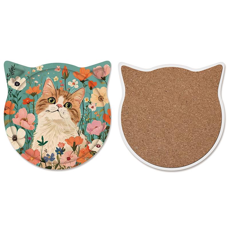 Cat Ceramic Coasters Cork Bottom Coffee Coaster Non-Slip Durable Heat Insulation Mats Home and Decoration Kitchen Utensils