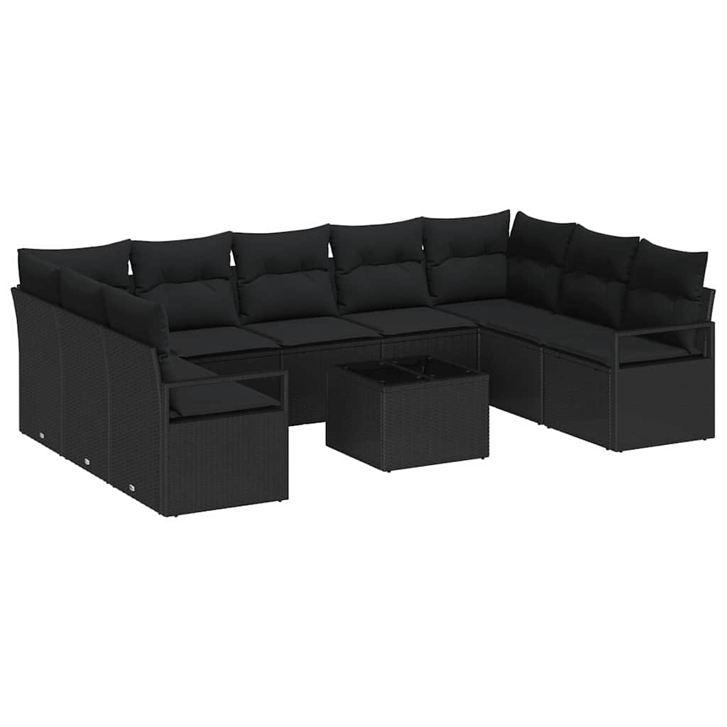 10 Piece Black Poly Rattan Sofa Set with Cushions