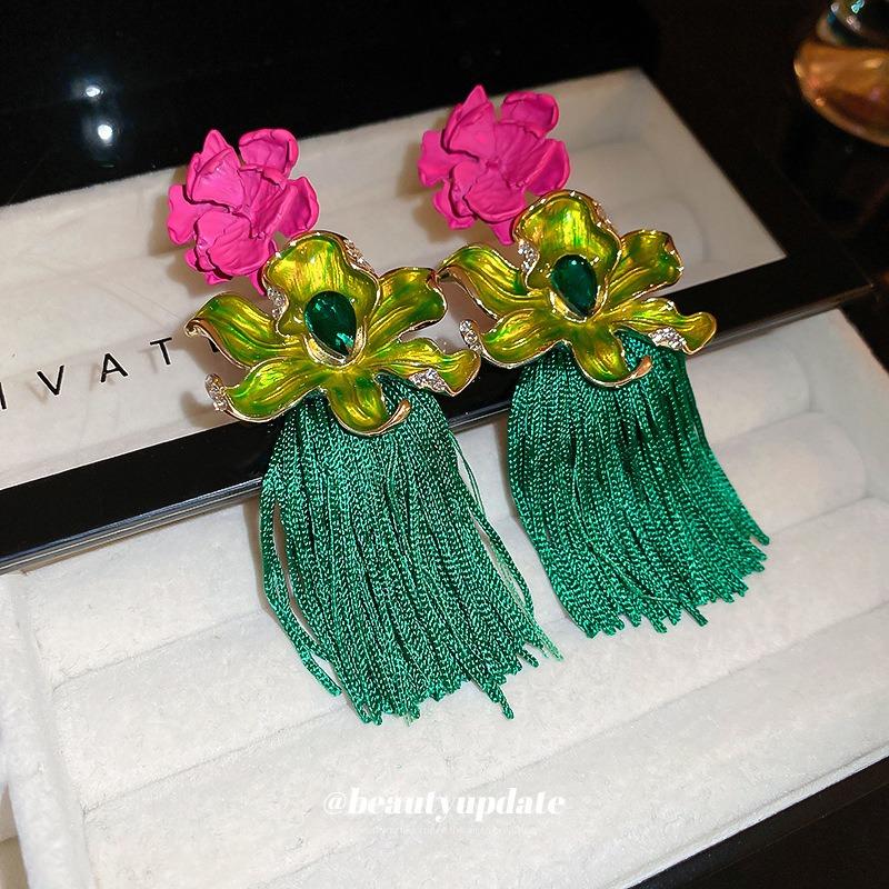 Silver needle bohemian flower dripping oil earrings niche braided rope fringed earrings European and American light luxury exaggerated earrings women