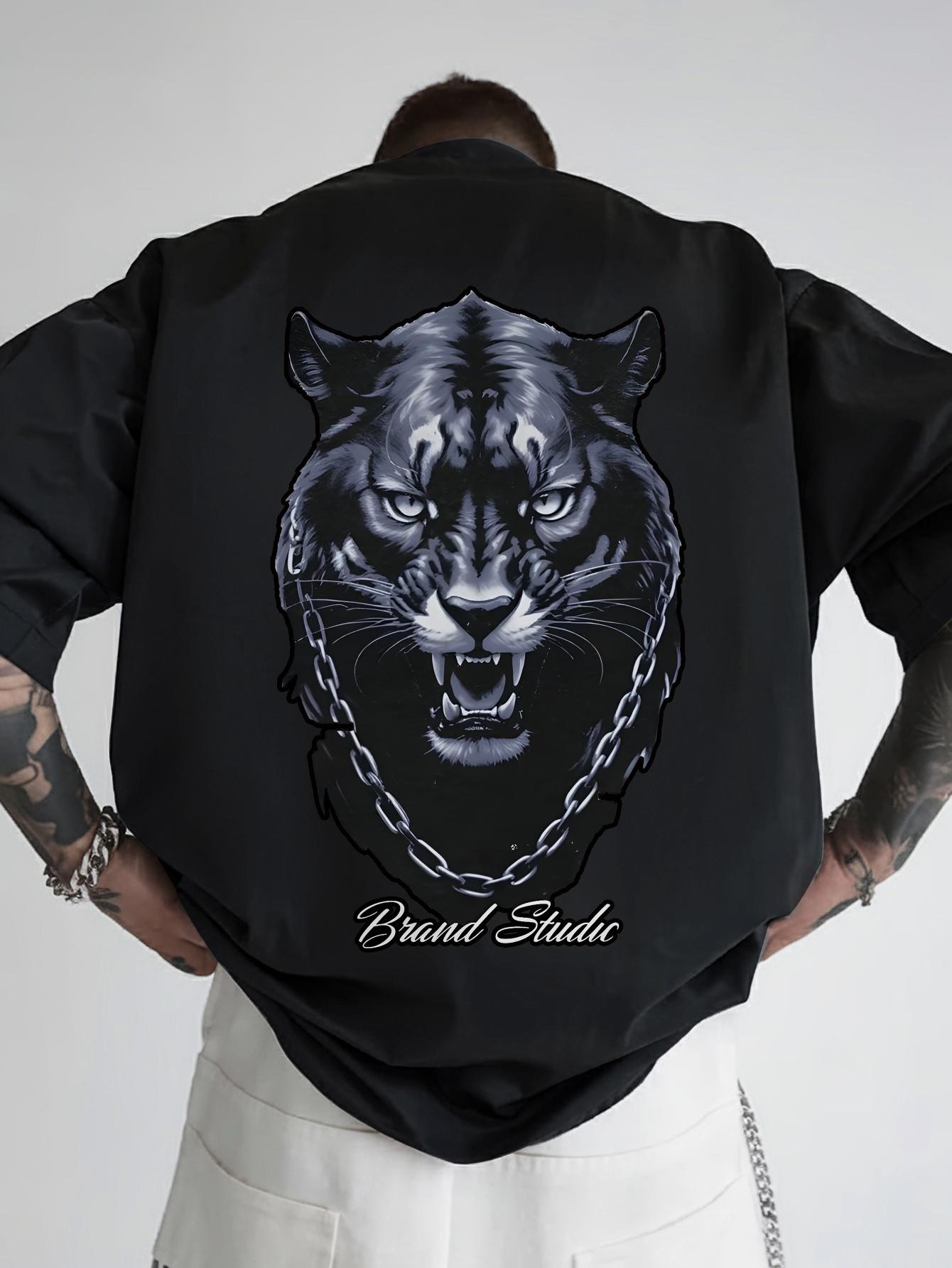 Black Graphic T-shirt with Stray Cat & Chain Design - Vintage Rock Band Inspired S