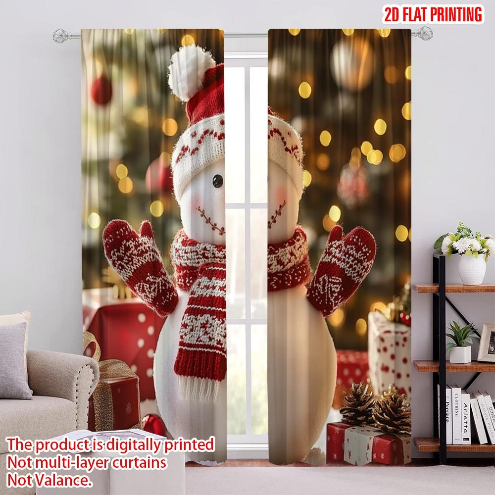 

Flat Printing Merry Christmas Drapes Snowman Polyester Without Electricity Festive Curtains Use Po Curtain Set Of 2 Made Washable W100*H70(CM)-Hooks&2PCS