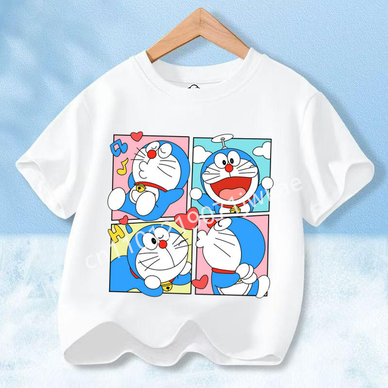 Doraemon Colorful T-shirt Printed Short-sleeved Outdoor Simple Comfortable Pullover Tops Summer Clothes Casuals Round Neck Shirt
