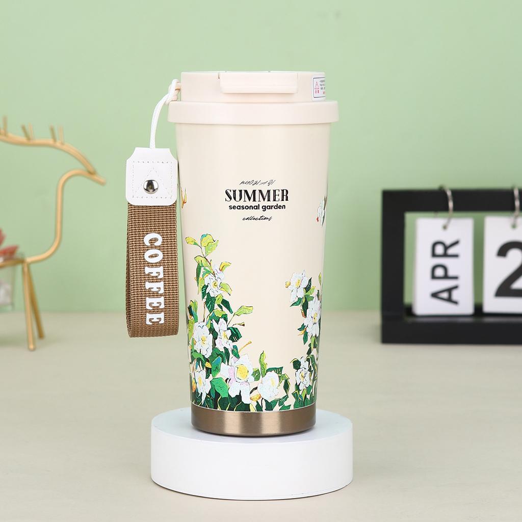 Nová módní nerezová termoska s vysokým vzhledem, dvojitý nápojový šálek na kávu Convallaria s lanem