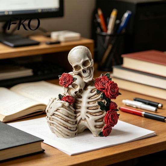 Gothic Skeleton Ornament Halloween Couple Resin Figurine, Vintage Skull Statue, Sculpture Holiday Party Home Decoration for Shelf Table Mantel