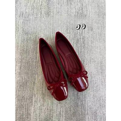 2025 Grandma Ballet Bow New Square Head Flat Bottom Red Single Shoes Fragrant Light Mouth Versatile Women's Shoes