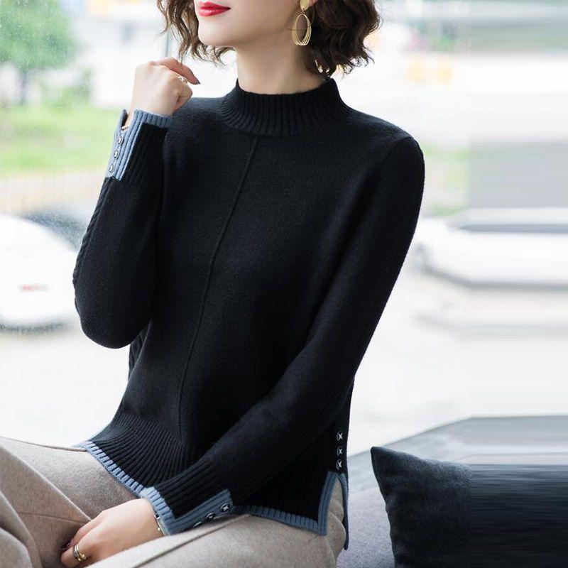 Women's Stand Collar Button Knitted Spliced Korean Style Sweater Autumn Casual Pullovers Loose Commute Tops