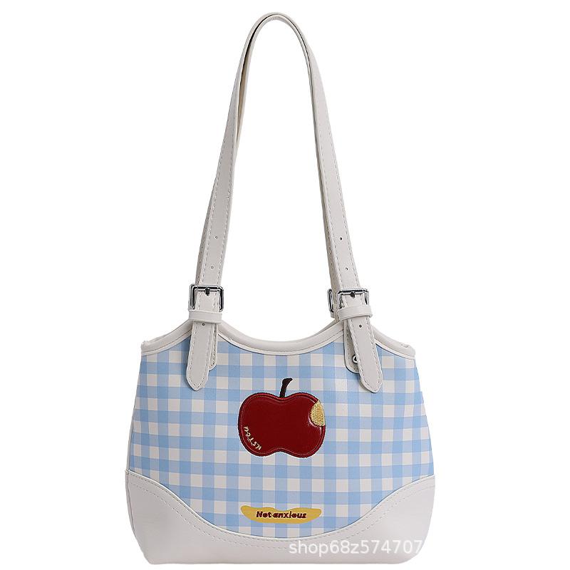 Cute Apple Plaid Large Bag for Women, 2025 Summer New Fashionable Foreign Large-capacity Shoulder Tote Bag