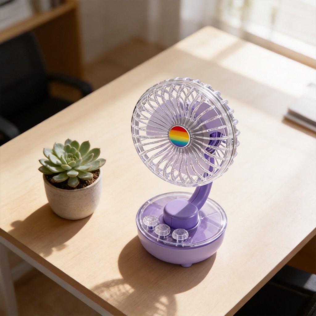 Transparent Table Fan With Atmosphere Light Rechargeable For Home Office And Dormitory Use