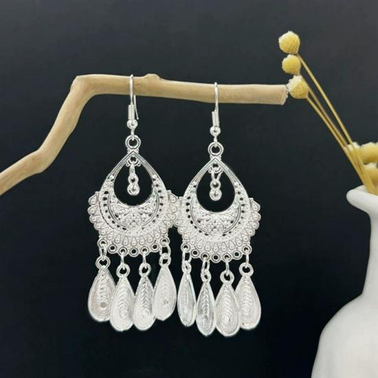 Peacock Tassel Earrings with Hollow Leaf Design in Retro Ethnic Style Imitation Silver for Women